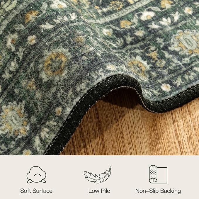 Lofus 2'6"x8' Area Rug for Hallways,Green Washable Runner Rugs with Non Slip Rubber Backing, Low Pile Soft Carpet Runner for Kitchen Bathroom Bedroom Laundry