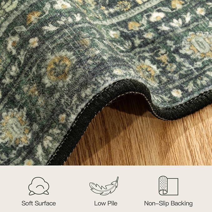 Lofus 3' X 10' Area Rug for Hallways,Green Washable Runner Rugs with Non Slip Rubber Backing, Low Pile Soft Carpet Runner for Kitchen Bathroom Bedroom Laundry