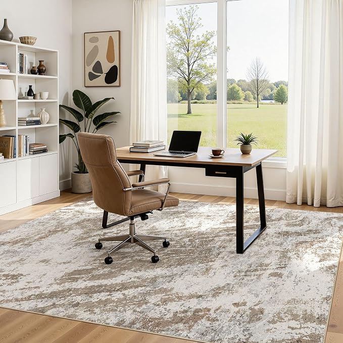 DMOYEST 6x9 Washable Area Rug: Abstract Modern Non-Slip Carpet, Soft Low Pile Indoor Neutral Easy Clean Floor Rugs for Living Room Bedroom Dining Room Kids & Pets - Brown
