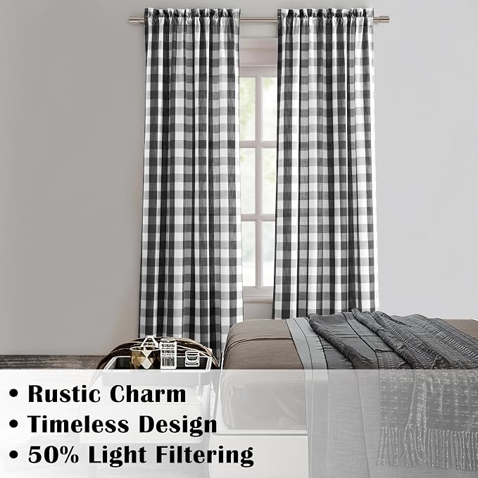 Black White Buffalo Plaid Semi Sheer Curtains 95 Inches Long | Buffalo Check Geo Pattern Drapes,Rustic Bedroom Living Room Window Treatment Home Decor,Rod Pocket,52" Wx95 L(Pack of 2)