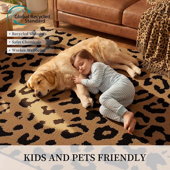 YIHOUSE 8×10 Ft Leopard Area Rugs, Washable High-Low Pile Plush Soft Rug, Non-Slip Non-Shedding Animal Cheetah Carpet for Living Room, Bedroom, Dining Room, Nursery, Home Decor