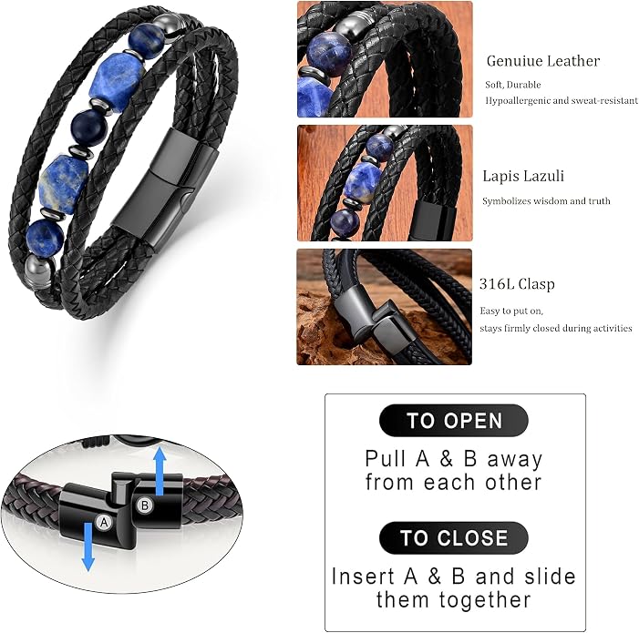Mens Turquoise/Lapis Lazuli/Tiger Eye/Black Agate/Obsidian Leather Braided Bracelets for Father's Day/Birthdays/Graduation Jewelry Wristband Cuff Bracelet with Stainless Steel Clasp