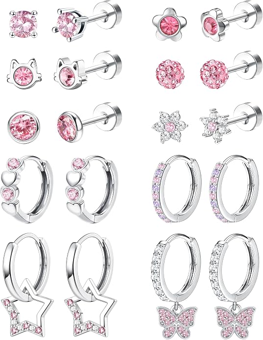 LOYALLOOK 14Pairs Hypoallergenic Screwback Earrings for Women Girls Tiny CZ Pearl Ball Heart Flower Screw Back Earring Studs 316L Stainless Steel Stud Earrings Flatback 20G Over 3 Years Old