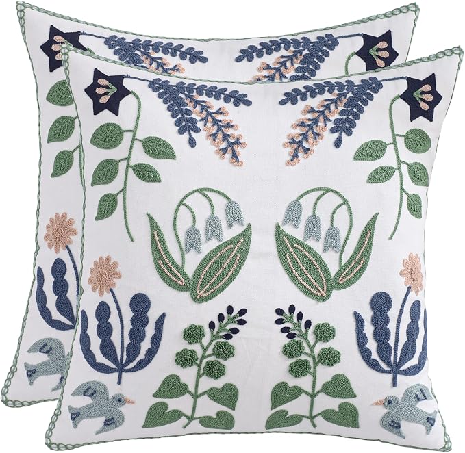 Embroidered Throw Pillow Covers 20x20 Pack of 2 Green and Navy Blue Leaves with Birds Pillow Covers Floral Tufted Pillowcases Summer Decorative Coastal Pillow Cushion Cases