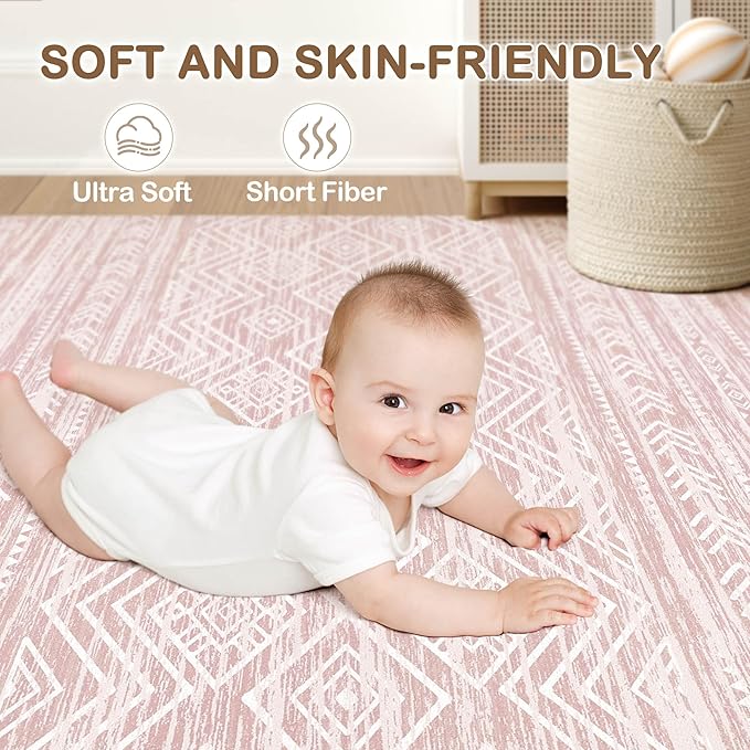 Tortania Area Rug Living Room Rugs- 6x9 Washable Large Soft Neutral Boho Moroccan Bohemian Farmhouse Rug Indoor Floor Carpet for Bedroom Under Dining Table Home Office Decor - Pink