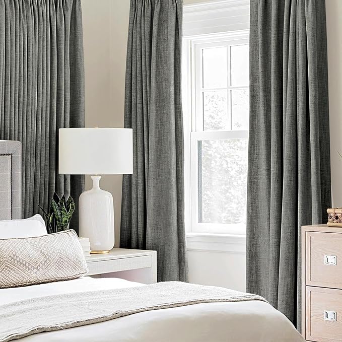 MIULEE Linen Texture 90 Inches Curtains for Bedroom 100% Blackout Thermal Insulated Dark Grey Curtains Grommet Room Darkening Luxury Decor for Living Room 52x90 Inch (2 Panels)