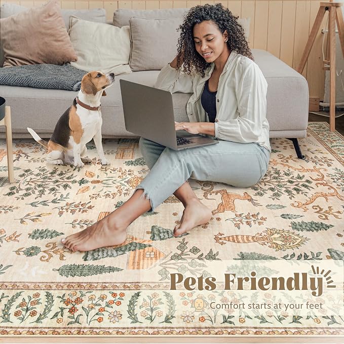 Living Room Rugs 9x12: Washable Boho Rug Farmhouse Non Slip Stain Resistant Large Rug Low Pile Soft Carpet for Bedroom Dining Room Children Room (Cream Animal,9'x12')