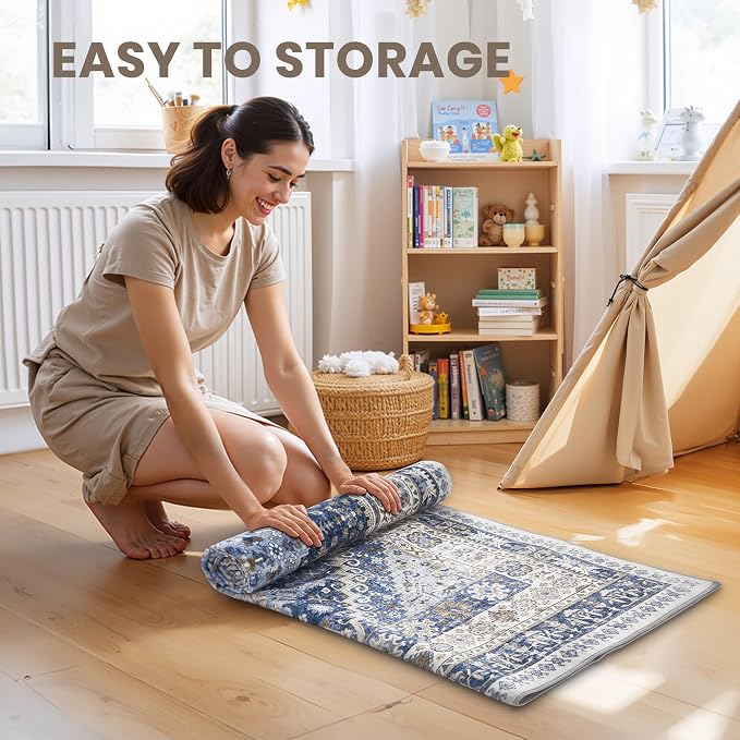zesthome 4x8 Rug for Bedroom,Wide Runner Rug for Hallway, Non Slip Washable Runner Rug for Living Room, Low Pile Soft Entryway Kitchen Rug, Modern Home Decor Mat for Dining Room(Blue/Beige,4'x8')
