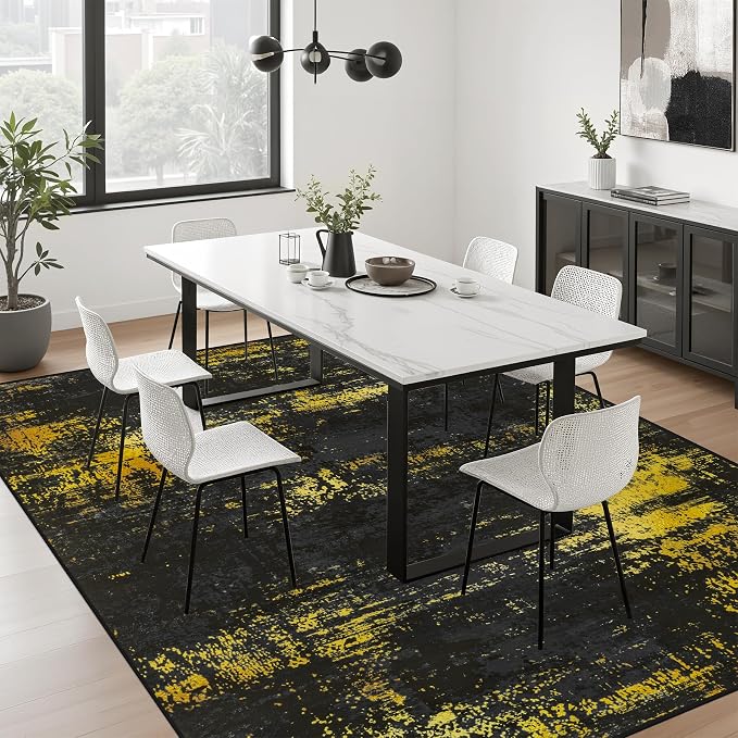 5x7 Area Rug Living Room Rug: Washable Modern Abstract Soft Thin Rug Indoor Floor No Slip Carpet for Bedroom Dining Room Farmhouse Nursery Home Office - Dark Black Gold