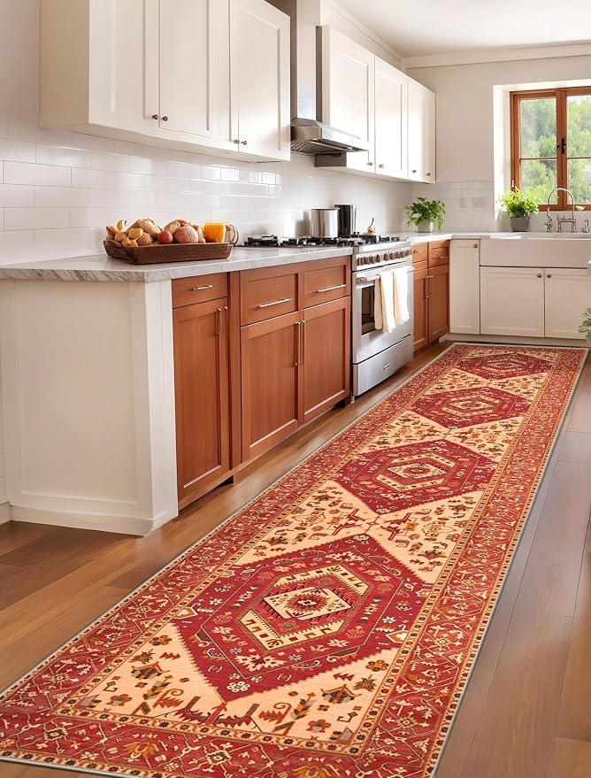 SERISSA Runner Rug for Hallways, 2'6"x12' Washable Non Slip Kitchen Runner Rug, Extra Long Boho Rug Ultra Soft Vintage Red Print Floor Carpet for Bedroom Hallway Entryway Bathroom Laundry Room