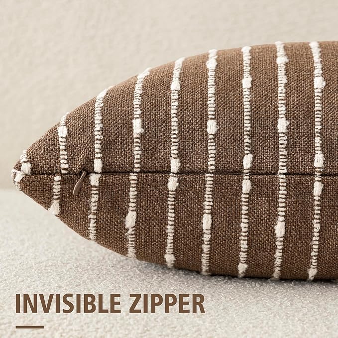Foindtower Pack of 2 Decorative Jacquard Boucle Lumbar Throw Pillow Covers Accent Textured Striped Pillowcases Cozy Boho Cushion for Couch Sofa Bedroom Living Room Home Decor 12x20 Inch Brown