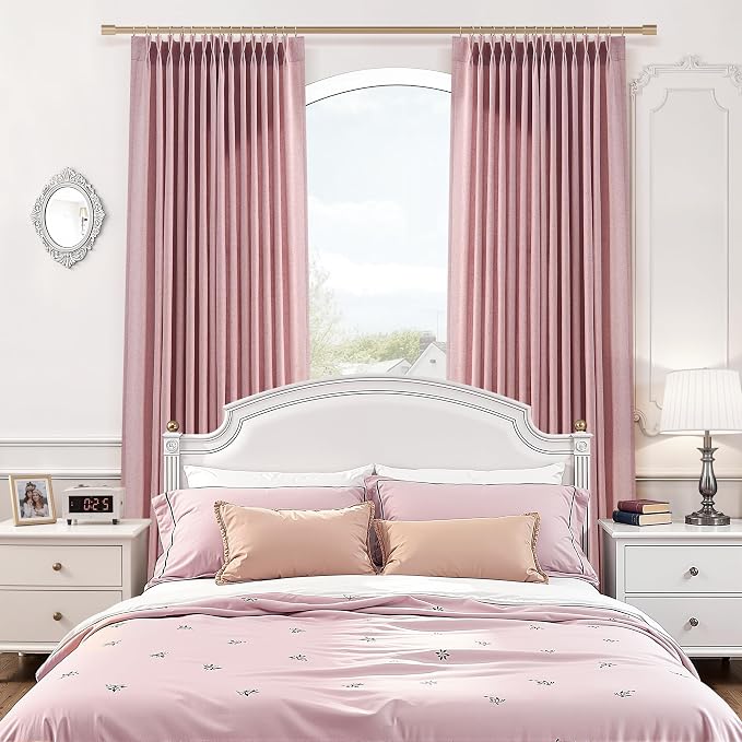Aersas Pink Pinch Pleated Linen Curtains 112 Inches 2 Panels Set Back Tab Rod Pocket Semi Sheer Modern Farmhouse Drapes Light Filtering Flax Texture Window Treatments for Bedroom Living Room, 40x112