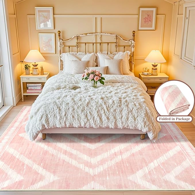 Boho Pink Washable Area Rugs 5x7ft for Living Room, Soft Bedroom Nursery Rugs Non Slip, Modern Thin Kids Playroom Floor Carpets for Dining Room Home Office Decor