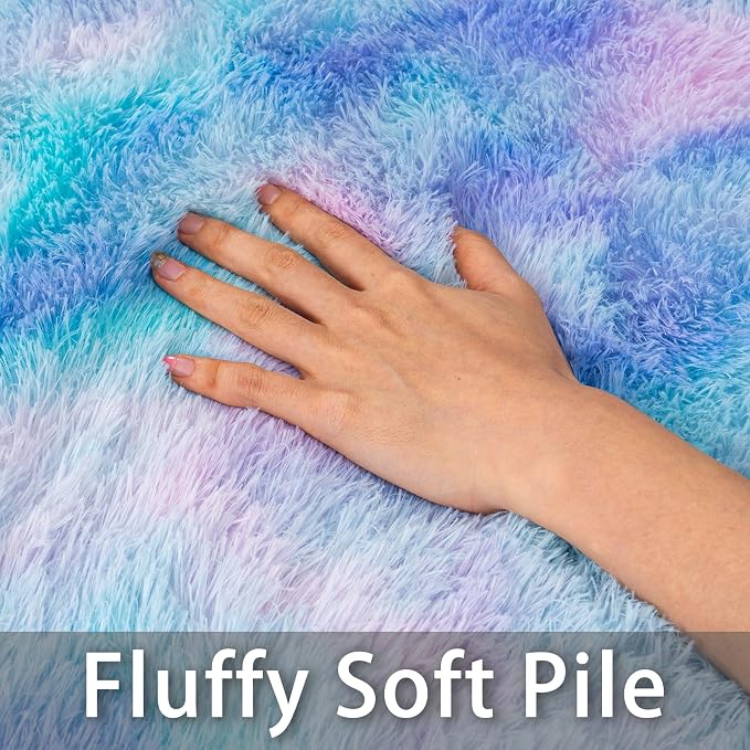 Dssimo Cute Furry Purple Rainbow Rugs for Bedroom Girls Room Decor | Upgrade Non-Slip Large 9x12 Area Rugs for Kid Room, Playroom Nursery Dorm Home Decor, Plush Mermaid Kawaii Rug Fluffy Carpet