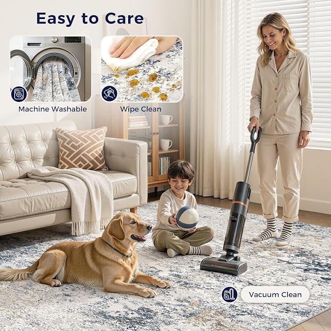 DMOYEST Area Rug Living Room Rugs - 8x10 Abstract Large Soft Indoor Washable Rug Neutral Modern Low Pile Carpet for Bedroom Dining Room Farmhouse Home Office - Beige Blue