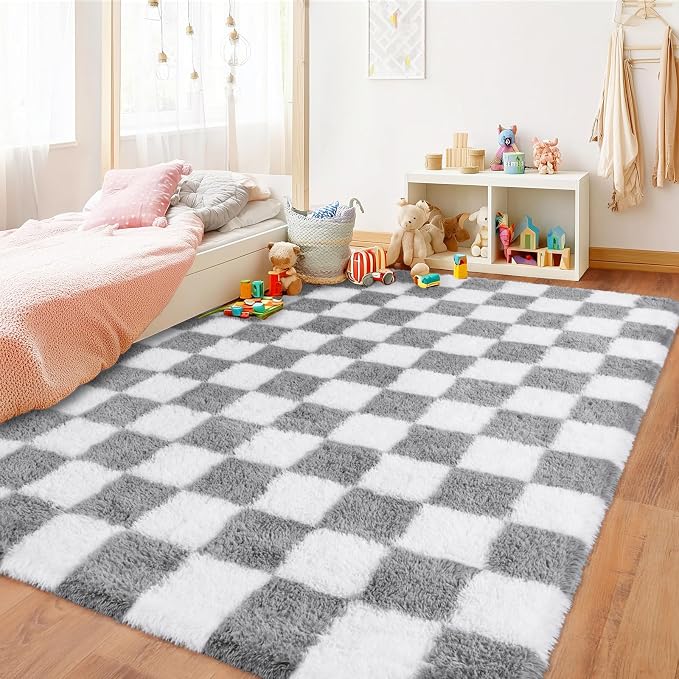 Pionblank Fluffy Area Rug for Bedroom 5x7, Modern Indoor Shag Carpet, Soft Plush Non Slip Checkered Rugs for Living Room Kids Room Home Decor, Grey and White