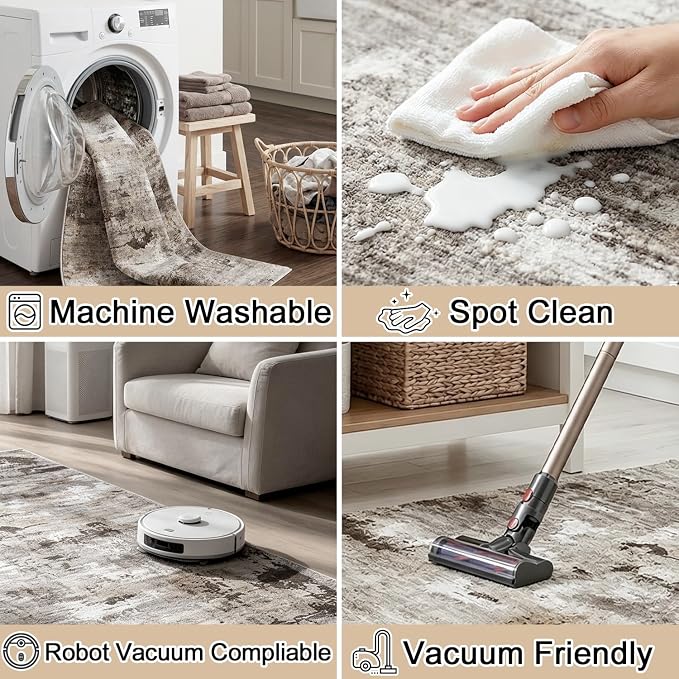 Washable Water Resistant Area Rug, Minimalist Wabi-Sabi Decor, 0.3" Low Pile, Non-Slip Cotton-Backed with Silicone Backing, for Living Room, 6'x9', Neutral Taupe