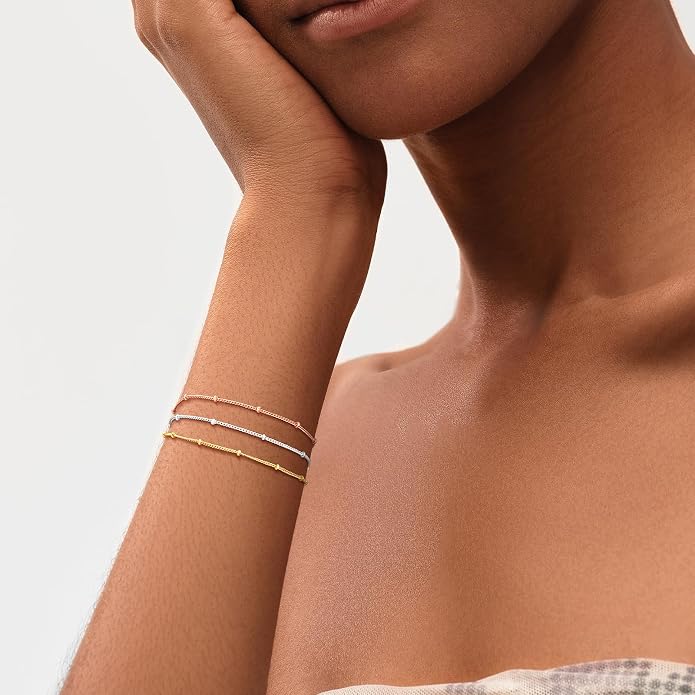 MEVECCO 14K Gold Plated Radiant Sun Necklace & Layered Satellite Chain Bead Bracelet Set for Women, Cubic Zirconia Birthstone Removable Pendant Design, Dainty Simple Jewelry