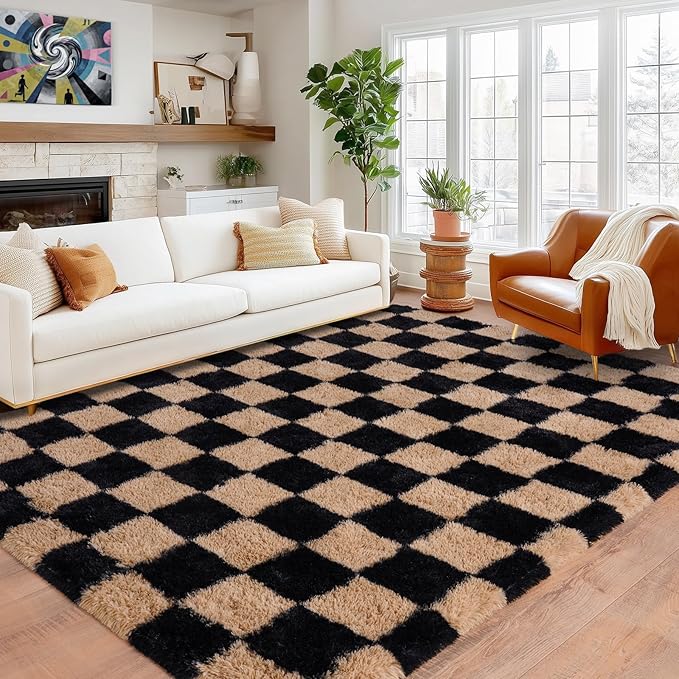 Pionblank Checkered Rug for Living Room, Modern Soft Shag 6x9 Area Rugs, Plush Fuzzy Carpet for Bedroom Girls Boys Room Home Nursery Teens Dorm Decor, Black and Beige