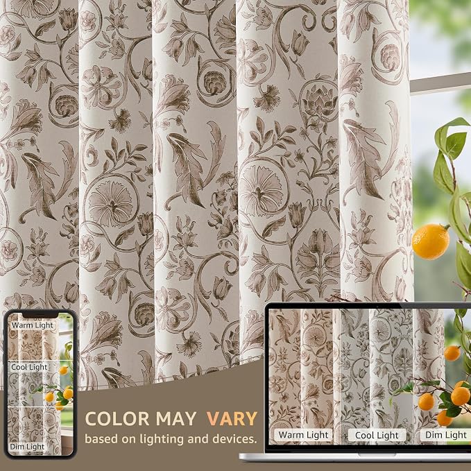 jinchan Taupe Floral Blackout Curtains 63 Inch Farmhouse Back Tab 2 Panels | Taupe on beige, room darkening, traditional vintage drapes, bedroom, living room, botanical, flower print, window treatment