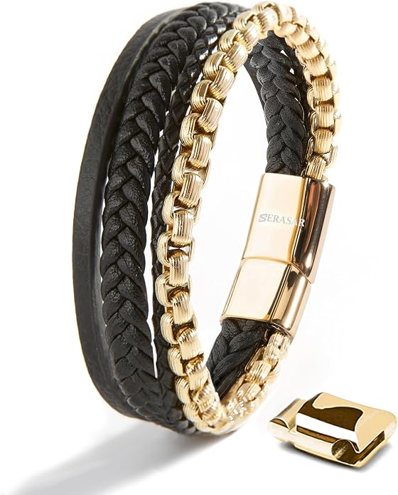 SERASAR Premium Leather Bracelet Men | Stainless Steel Magnetic Clasp | Three Colors | Jewelry Box Included