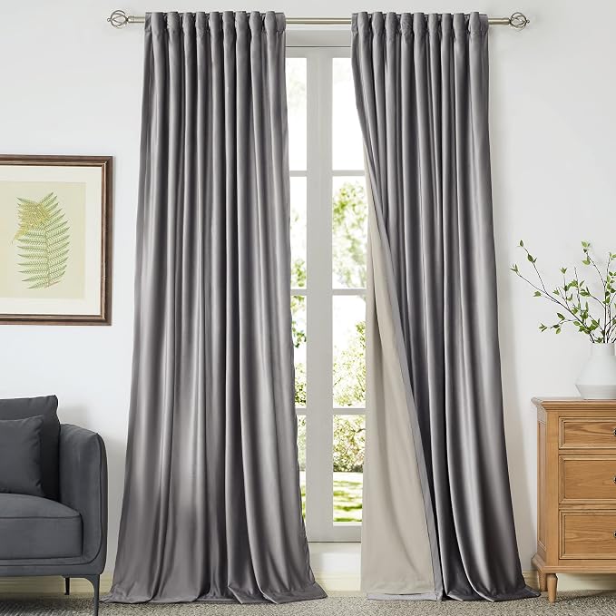 100% Full Blackout Silver Grey Velvet Curtains 96 inch Long for Living Room,Set of 2 Panels Liner Rod Pocket Back Tab Thermal Window Curtains Room Darkening Heavy Decorative Drapes for Bedroom