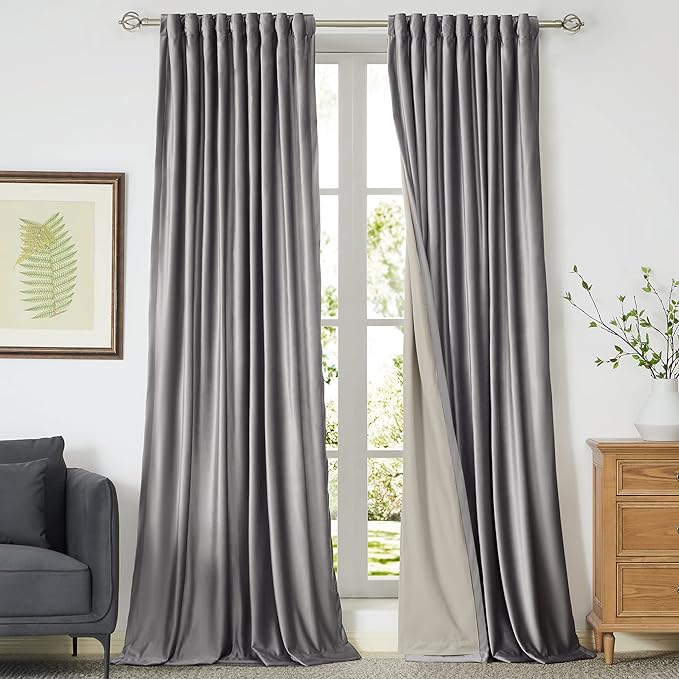 100% Full Blackout Silver Grey Velvet Curtains 120 inch Long for Living Room,Set of 2 Panels Liner Rod Pocket Back Tab Thermal Window Curtains Room Darkening Heavy Decorative Drapes for Bedroom