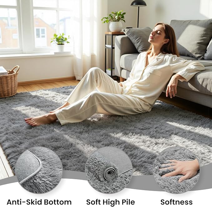 6x9 Area Rug for Living Room, Ultra Soft Fluffy Light Grey Rugs for Bedroom, Non Slip Large Shag Carpet, Fuzzy Plush Nursery Rug, Thick Washable Indoor Floor Carpets for Kids Office Dorm Home Decor
