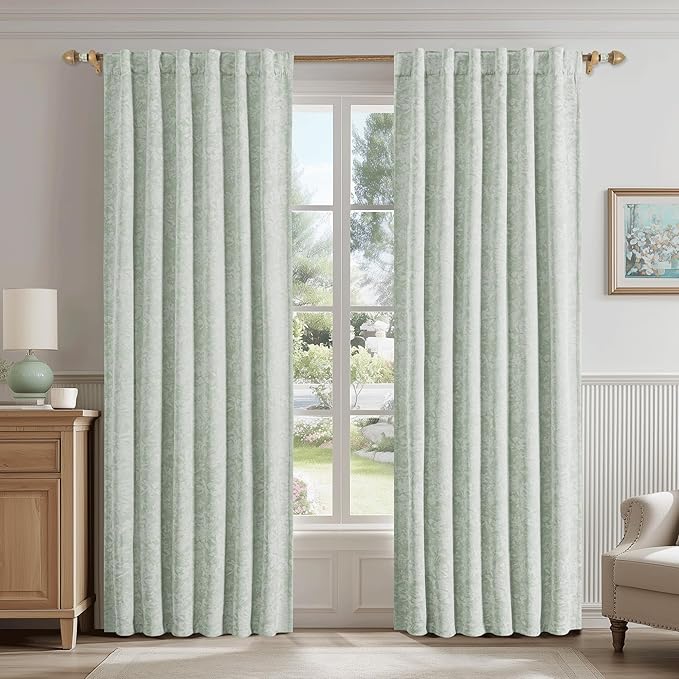 Beauoop Green Floral Jacquard Blackout Curtains for Bedroom 52x84 2 Panels | Flower Chenille Room Darkening Drapes for Living Room 84 Inch Long Thermal Insulated Soundproof Window treatment Rod Pocket