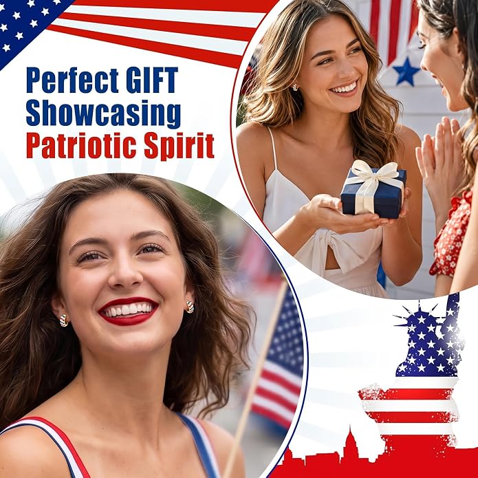 4th of July Patriotic Hoop Earrings for Women, 14K Gold Plated Red White Blue Cubic Zirconia Chunky Small Huggie Hoops, 250th Anniversary USA Flag Independence Day Hypoallergenic Jewelry Gifts
