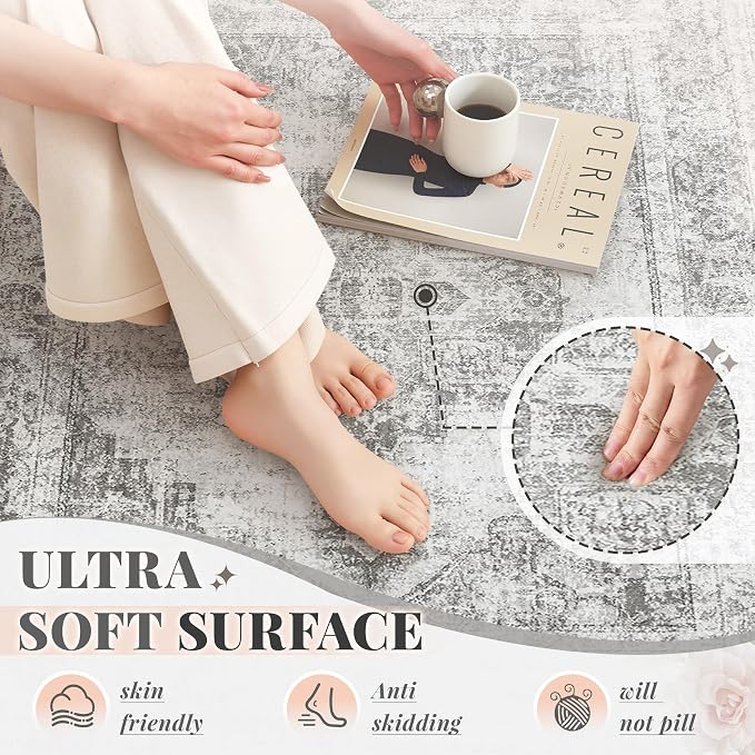 Area Rug 8x10 Vintage Rugs: Large Washable Indoor Medallion Rug Low Pile Distressed Floor Carpet Retro Accent Rugs for Living Room Bedroom Kitchen Dining Table Home Office(Grey, 8'x10')