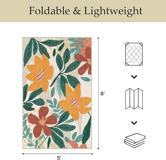 GENIMO 5x8 Outdoor Rug, Washable for Patio and Deck, Teal Orange | Floral design for porch; fade resistant chenille with quick-dry non-slip backing for indoor sunroom