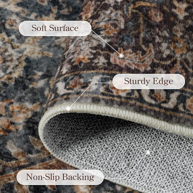 Collive Large Area Rug for Living Room 9x12, Washable Area Rug 9x12 Non Slip Vintage Antique Distressed Bedroom Carpet Ultra-Thin Low Pile Aesthetic Print Floor Rug for Dining Guest Office - Brick