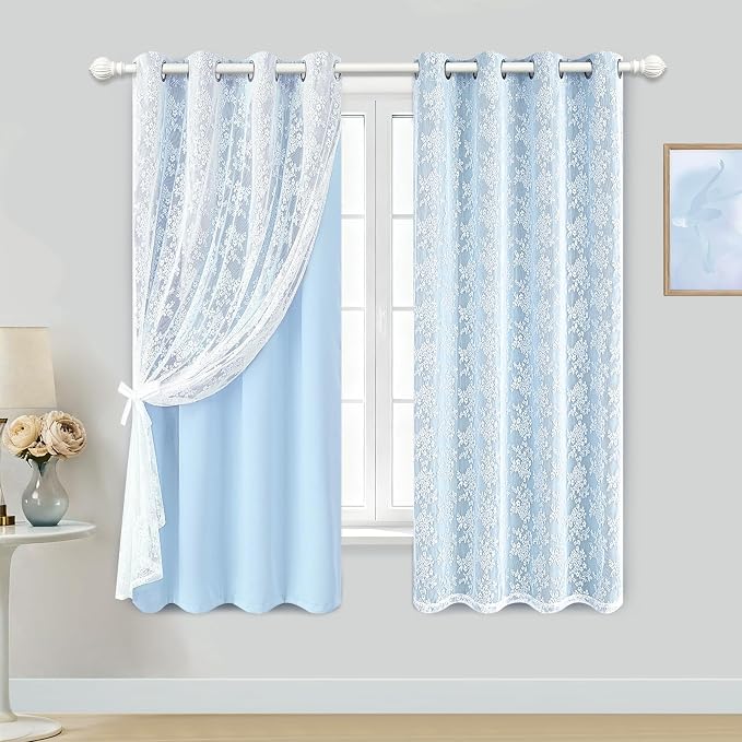 Yinhua Double Layer Blackout Curtains for Bedroom Blue Curtains for Living Room 63 Inch Length 2 Panels Set Kid Curtain with Tiebacks, Grommet Drapes with Floral Sheer Overlay, 52" W x 63" L