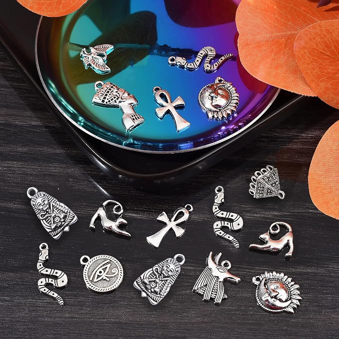 DanLingJewelry 100 pcs 10 Styles Egyptian Theme Antique Sliver Charms Pharaoh Pyramid Ankh Cross Evil Eye Snake Charms for Jewelry Making