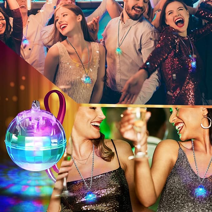 Sasylvia 12 Pcs LED Disco Ball Necklaces Light up Bead Necklaces 70s Disco Party Favors Glow in The Dark Bead Jewelry Costume Accessories for New Year Party Dance Supplies(Silver, Colorful)