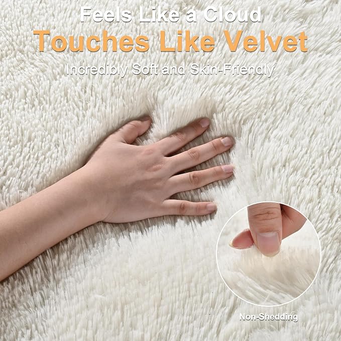 Fluffy Rugs for Living Room: White Soft Shag Rug for Bedroom, Large Fuzzy Plush Indoor Carpet Non Slip Modern Rug for Nursery Kids Room Dorms Office Home Decor, 7x10 Feet