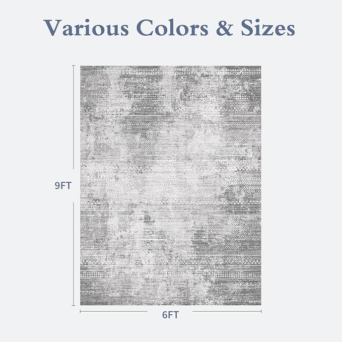 6x9 Area Rugs for Living Room Non Slip Machine Washable Rug Distressed Abstract Soft Indoor Carpet Neutral Boho Rug for Bedroom Dining Room Playroom Office, Grey