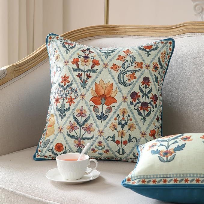 ISAENNE Linen Square Throw Pillow Cover,Set of 2,18"x18"-Floralsea A | Designer French Elegant Pillow Cover,Concealed Zipper Design,Sofa,Bedroom,Living Room,Lounge Chairs,All Season Home Decor