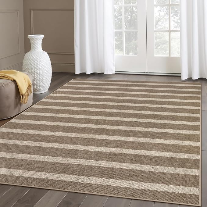 Lahome Striped Easy Jute Outdoor Porch Rug, 5x7 Dining Room Washable Rugs | Patio Area Rug, Modern Farmhouse Neutral Non Slip Stain Resistance Indoor Carpet for Office Deck Classroom Living Room, Khaki