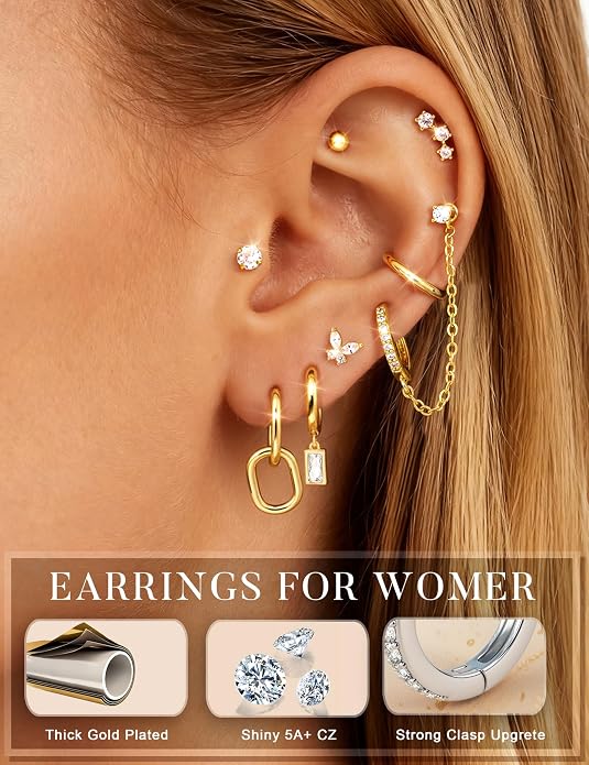 Small 14K Gold Plated Huggie Hoop Earrings for Women Lightweight Double Piercing Chain Earrings Dainty Stud Earrings Hypoallergenic 14K Gold Plated Hoop Earrings Set