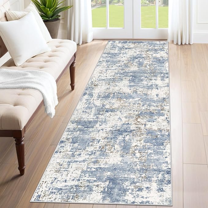 XLUEZ 2x8 Runner Rug for Hallway, Washable Modern Abstract Runner Rugs Neutral Soft Non Slip Kids Rug Stain Resistant Indoor Runners for Hallways Entryway Bedroom Kitchen Laundry Room(Blue, 2'x8')