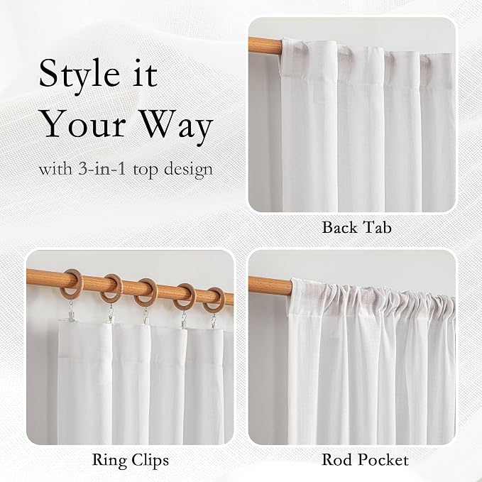 MYSKY HOME Short Curtains for Bedroom Small Windows, Light Filtering Sheer Drapes Kitchen Bathroom Panels Set Boho Decor Country Style, Light Filtering Privacy Protect, 50x54, White, 2 Pieces