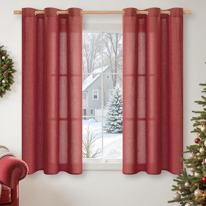YoungsTex 48 Inch Length Burgundy Red Linen Curtains for Living Room Window, Light Filtering Drapes with Bronze Grommet Privacy Semi Sheer for Bedroom Window, 42 x 48 Inch, 2 Panels