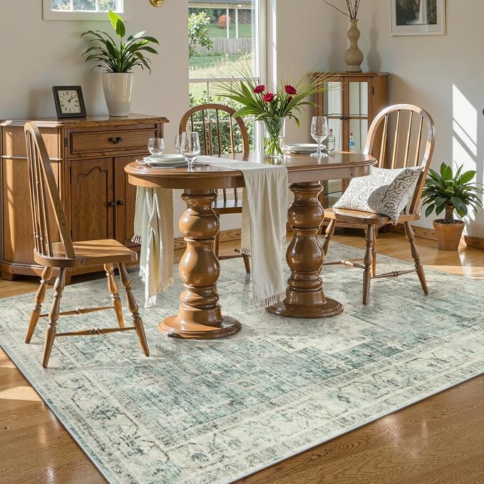LIVEBOX Bedroom 4x6 Washable Area Rug for Entryway Kitchen, Non-Slip Soft Boho Rugs for Dining Room Office, Farmhouse Low-Pile Neutral Soft Carpet for Nursery Room Playroom, Sage Green