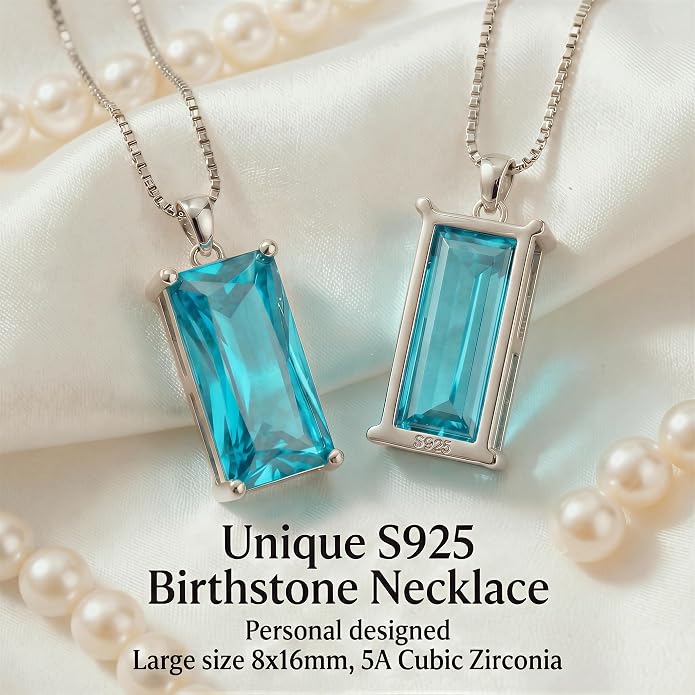8mm x 16mm Square Birthstone Pendant Necklace – Fashion charming Sterling Silver Gift for women