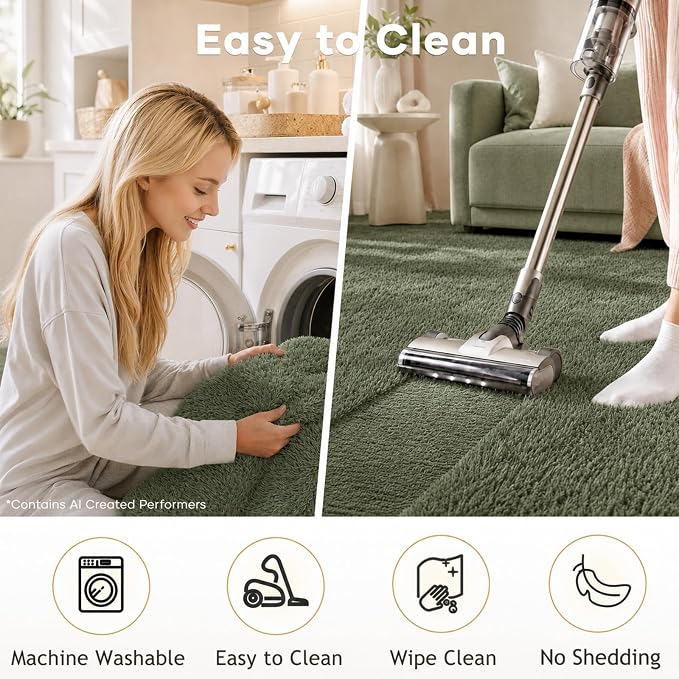 Ophanie Gray Green Grass Area Rugs for Bedroom, 3x5 Shag Fluffy Carpet, Fuzzy Furry Plush Soft Cute Kids Baby Shaggy Bedside Floor Rug for Teen Dorm Home with Over 99 pcs Pile fibers