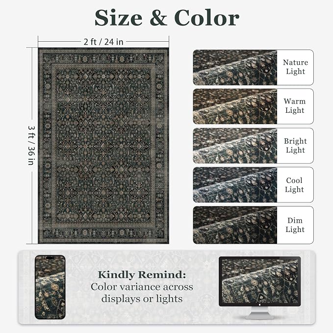 Dark Teal 2x3 Washable Entryway Rug Indoor, Non Slip Thin Door Mat Indoor Entrance, Vintage Small Rugs for Bathroom/Kitchen/Bedroom, Moroccan Floral Trellis Entry Rugs for Inside House
