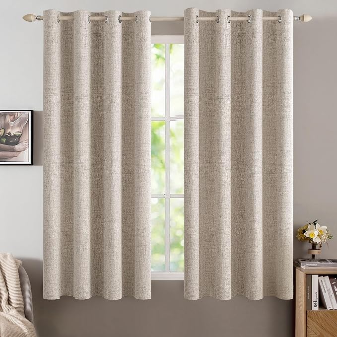 MIULEE Linen Textured Curtains for Bedroom Solid 100% Blackout Thermal Insulated Natural Grommet Room Darkening Curtains & Drapes Luxury Decor for Living Room 52 x 63 Inch (2 Panels)