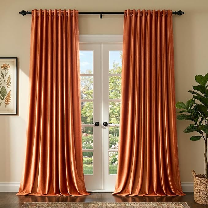 Elegant Orange Velvet Curtains 90 inch Length for Living Room,Luxury 2 Panels Room Darkening Rod Pocket Back Tab Curtain Thermal Insulated Heavy Soundproof Noice Reducing Window Drapes for Bedroom